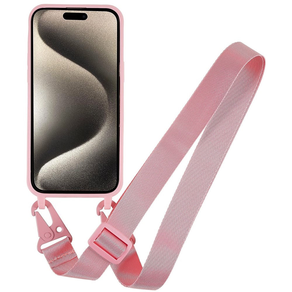 Kryt na iPhone 15 Pro Max gumový se šňůrkou na krk růžový