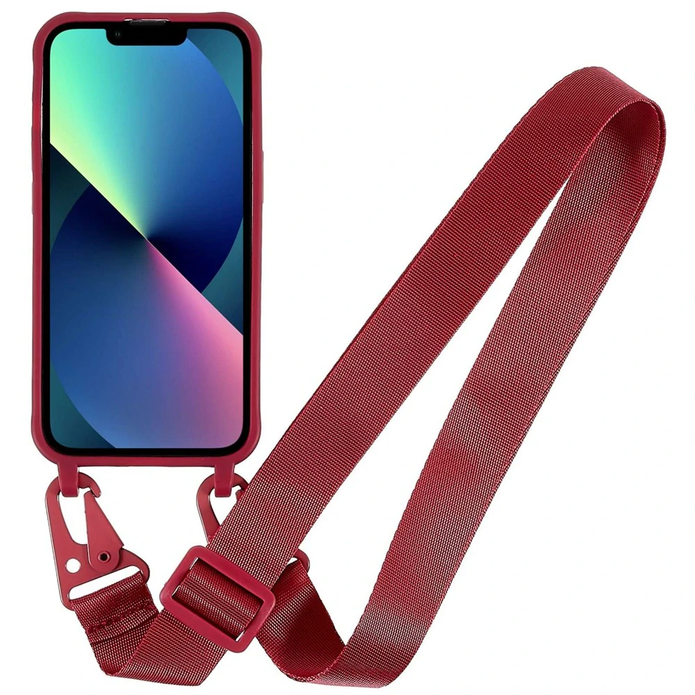 Kryt na iPhone 14 Wide gumový se šňůrkou na krk vínový