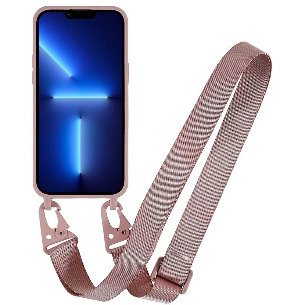 Kryt na iPhone 14 Pro Wide gumový se šňůrkou na krk starorůžový