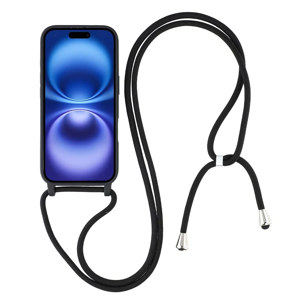 Kryt na iPhone 17 gumový se šňůrkou na krk černý