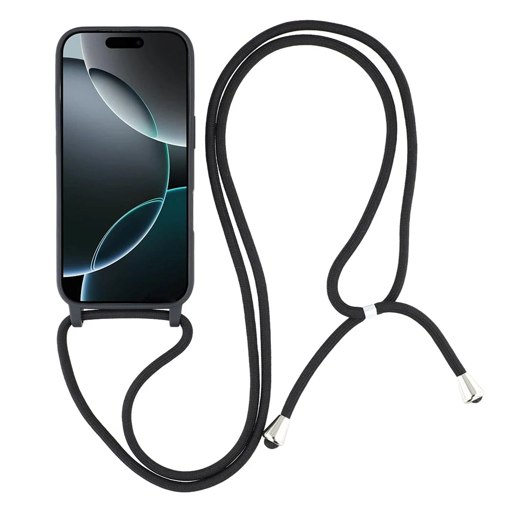 Kryt na iPhone 17 Pro Max gumový se šňůrkou na krk černý