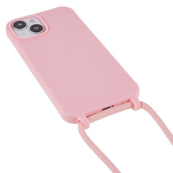 Kryt na iPhone 14 Plus gumový se šňůrkou na krk růžový