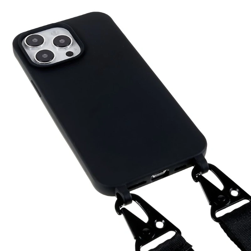 Kryt na iPhone 16 Pro gumový se šňůrkou na krk černý