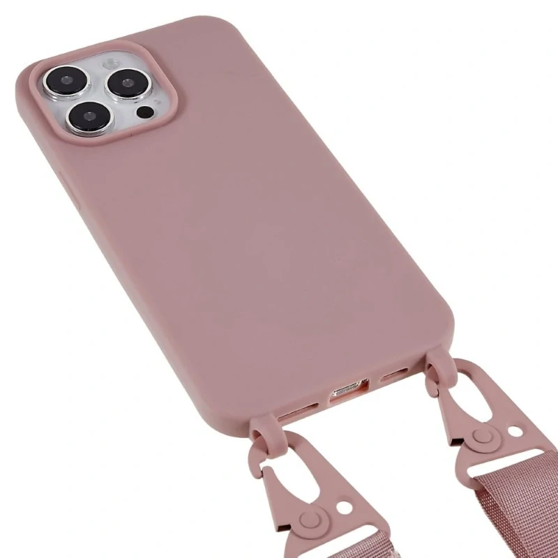 Kryt na iPhone 16 Pro gumový se šňůrkou na krk starorůžový