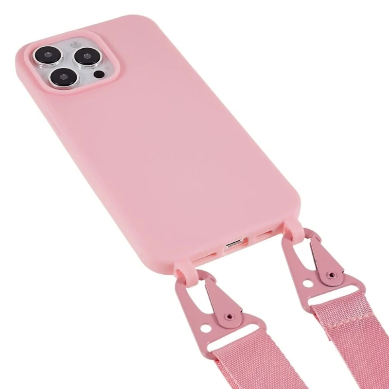 Kryt na iPhone 16 Pro gumový se šňůrkou na krk růžový