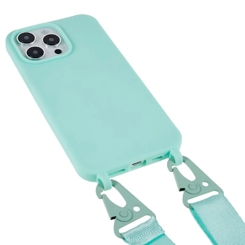 Kryt na iPhone 16 Pro gumový se šňůrkou na krk světle modrý