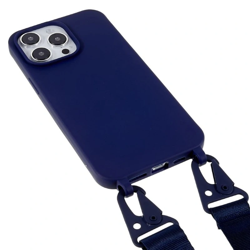 Kryt na iPhone 16 Pro Max gumový se šňůrkou na krk tmavě modrý