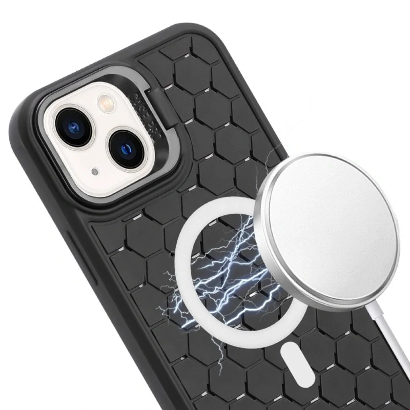 Kryt na iPhone 15 Honeycomb s podporou MagSafe a šňůrkou na krk černý