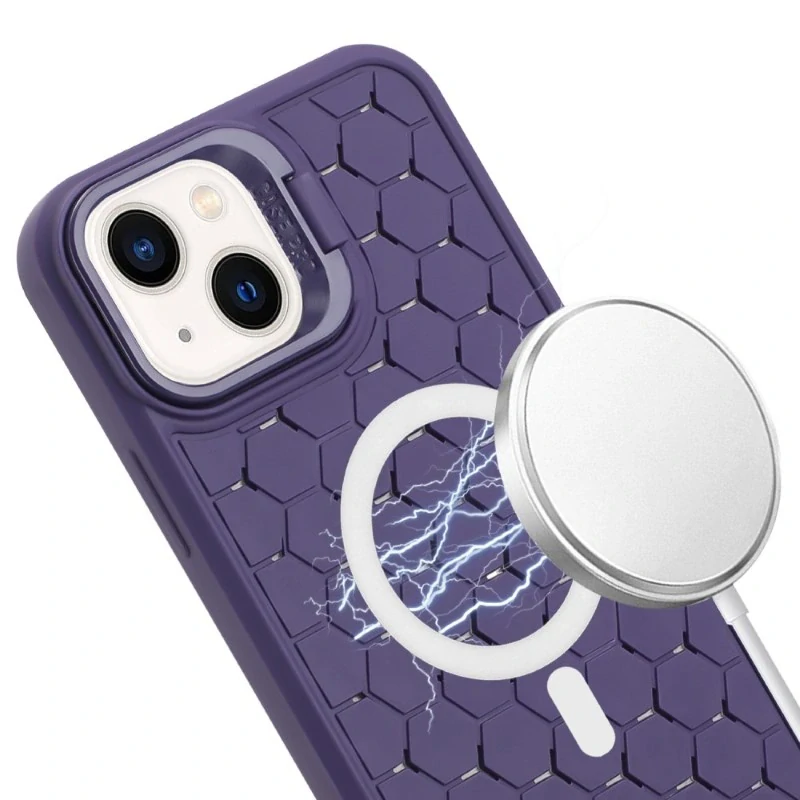 Kryt na iPhone 15 Honeycomb s podporou MagSafe a šňůrkou na krk fialový