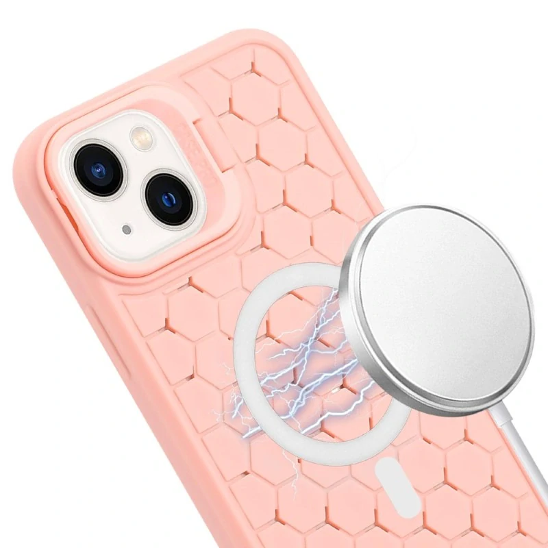 Kryt na iPhone 15 Honeycomb s podporou MagSafe a šňůrkou na krk růžový