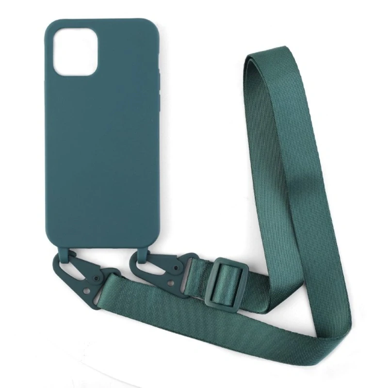Kryt na iPhone 13 gumový se šňůrkou na krk zelený