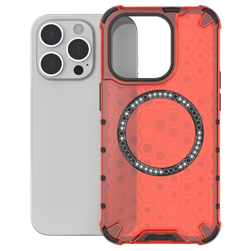 Kryt na iPhone 13 Pro odolný Honeycomb s podporou Magsafe červený