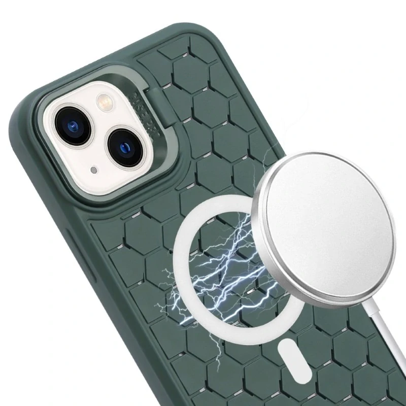Kryt na iPhone 14 Honeycomb s podporou MagSafe a šňůrkou na krk zelený