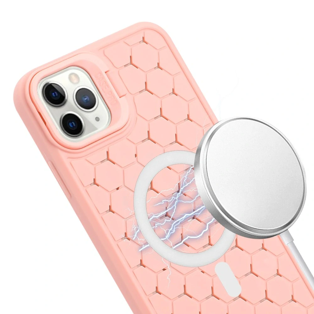 Kryt na iPhone 14 Pro Honeycomb s podporou MagSafe a šňůrkou na krk růžový