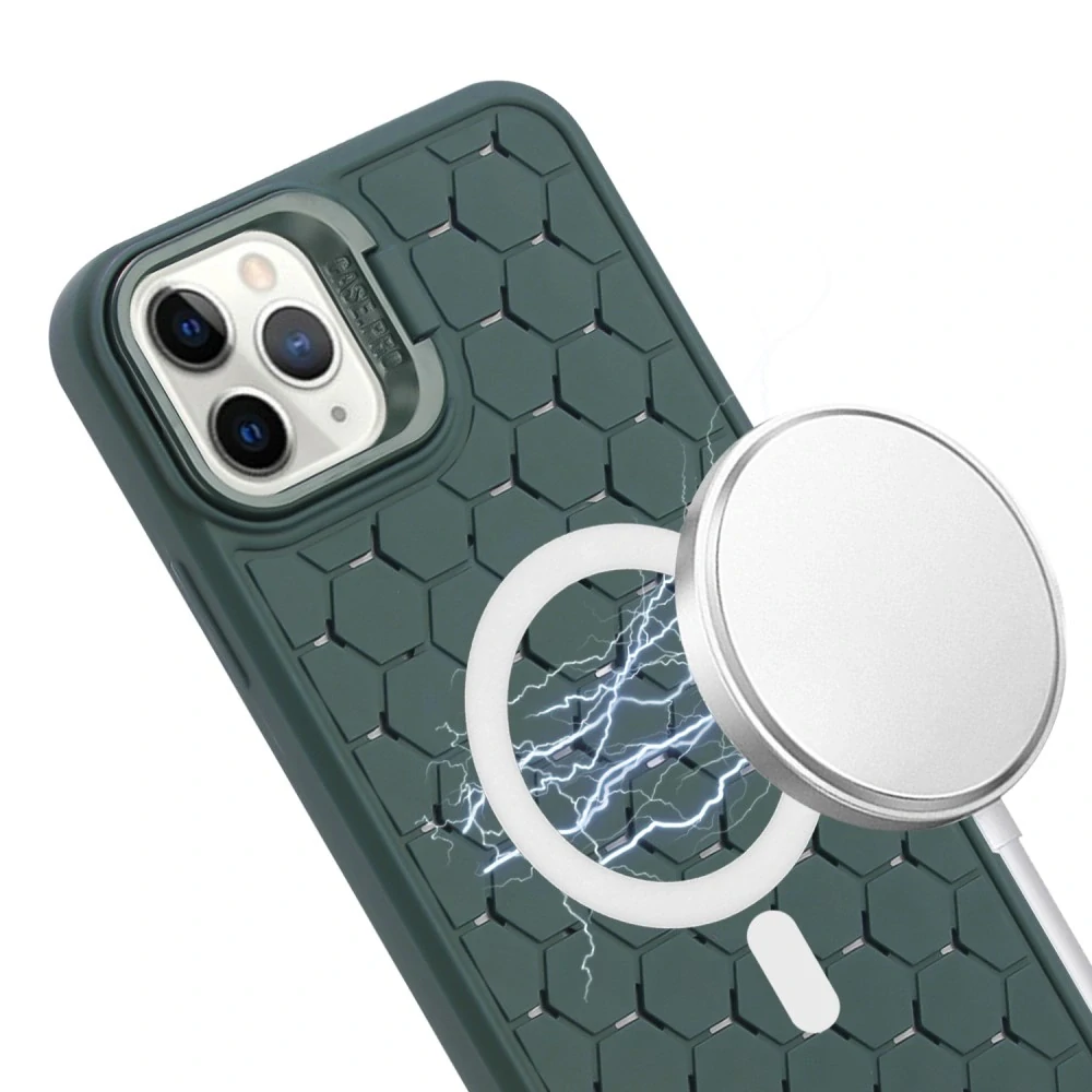 Kryt na iPhone 14 Pro Honeycomb s podporou MagSafe a šňůrkou na krk zelený