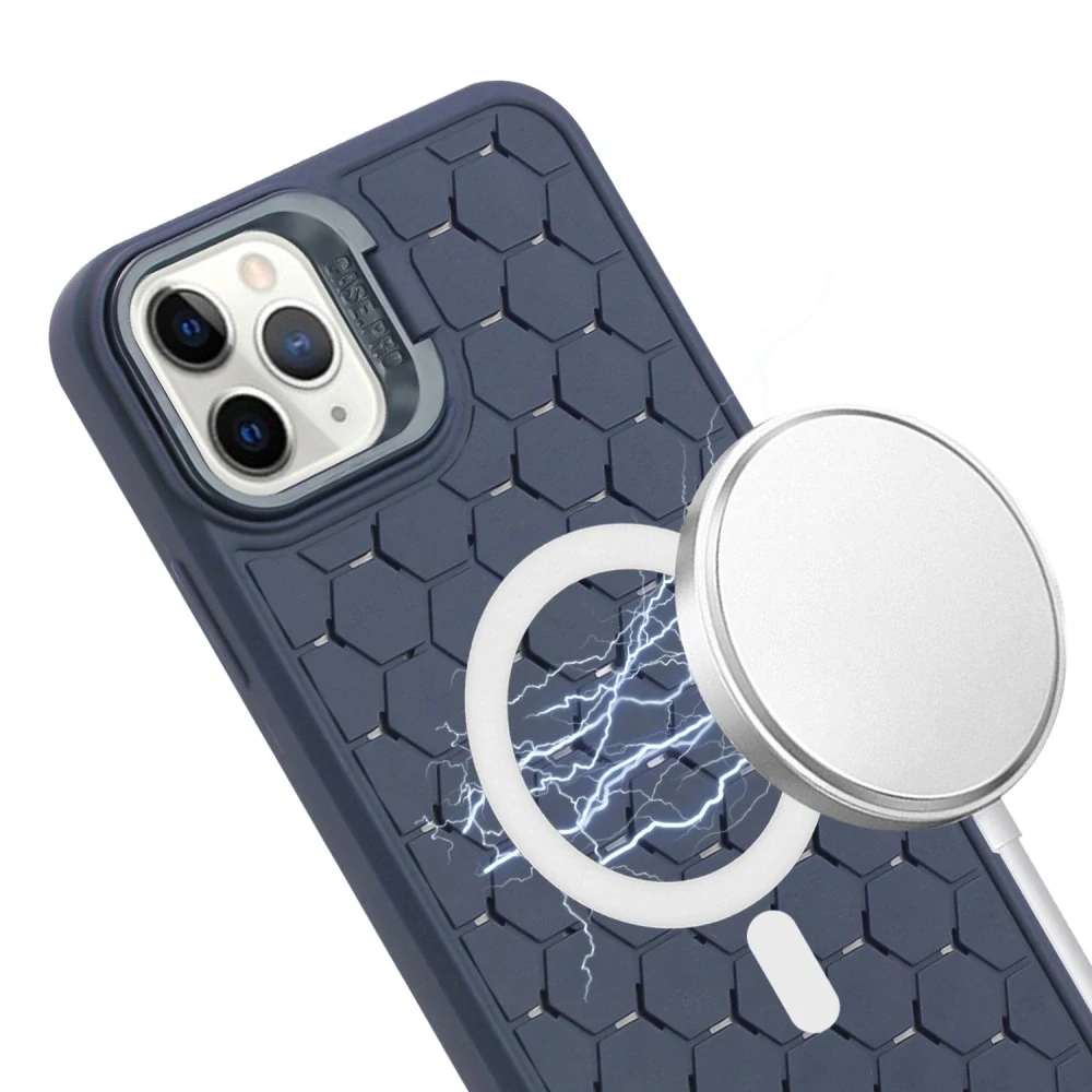 Kryt na iPhone 14 Pro Honeycomb s podporou MagSafe a šňůrkou na krk modrý