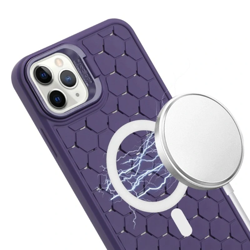 Kryt na iPhone 12 / 12 Pro Honeycomb s podporou MagSafe a šňůrkou na krk fialový
