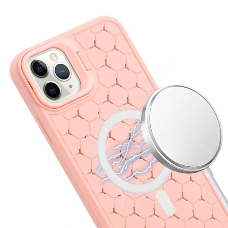 Kryt na iPhone 14 Pro Max Honeycomb s podporou MagSafe a šňůrkou na krk růžový