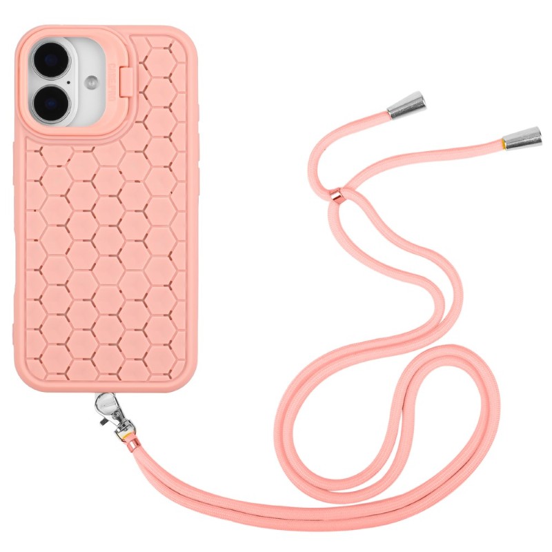Kryt na iPhone 16 Honeycomb s podporou MagSafe a šňůrkou na krk růžový
