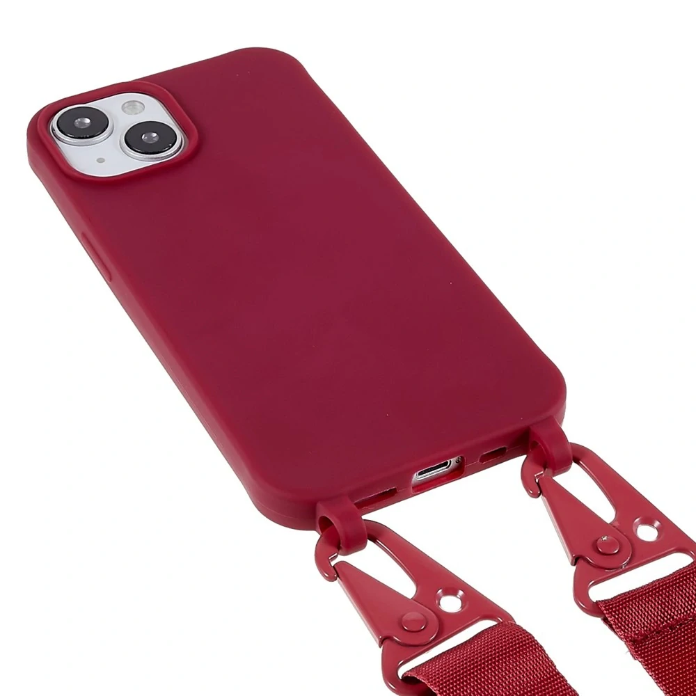 Kryt na iPhone 14 Wide gumový se šňůrkou na krk vínový