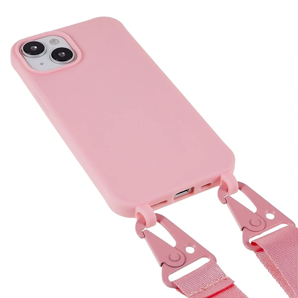 Kryt na iPhone 14 Wide gumový se šňůrkou na krk růžový