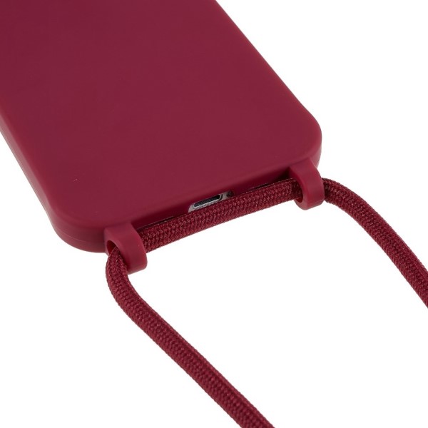 Kryt na iPhone 14 Plus gumový se šňůrkou na krk vínový