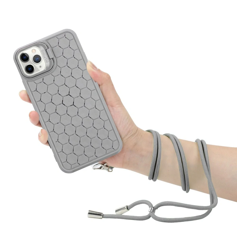Kryt na iPhone 14 Pro Honeycomb s podporou MagSafe a šňůrkou na krk šedý