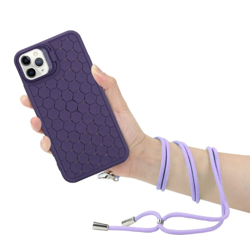 Kryt na iPhone 12 / 12 Pro Honeycomb s podporou MagSafe a šňůrkou na krk fialový
