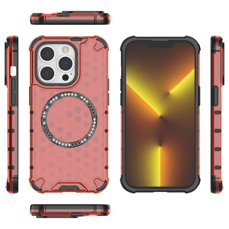 Kryt na iPhone 13 Pro Max odolný Honeycomb s podporou Magsafe červený