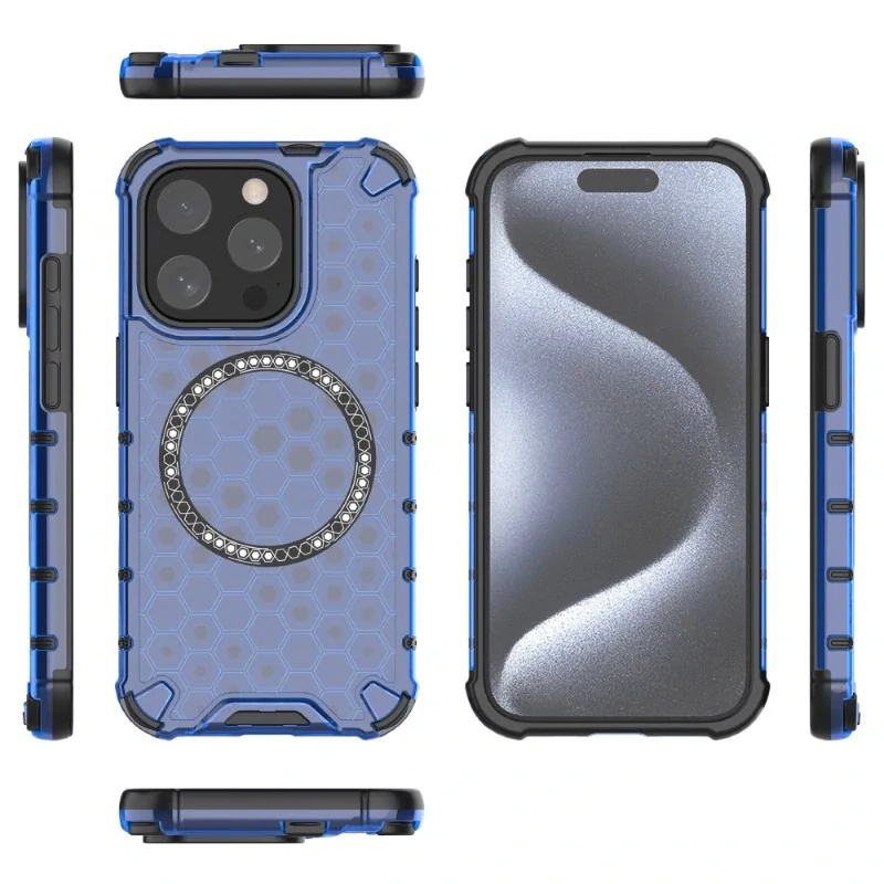 Kryt na iPhone 15 Pro Max odolný Honeycomb s podporou Magsafe modrý