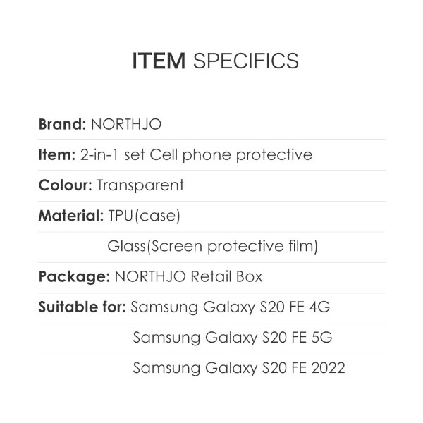 Set tvrzeného skla a gumového krytu NORTHJO na Samsung Galaxy S20 FE