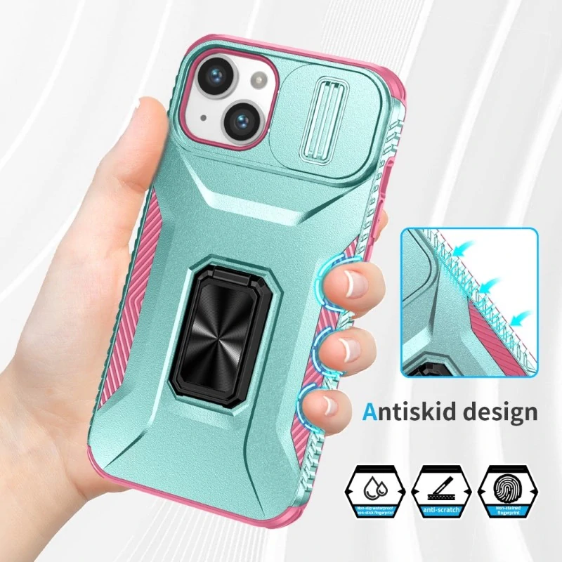 Kryt na iPhone 14 odolný s krytkou na fotoaparát světle modrý / růžový