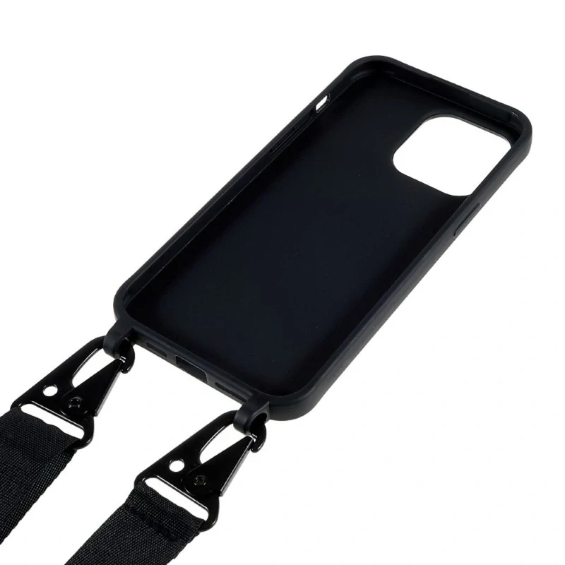 Kryt na iPhone 16 Pro gumový se šňůrkou na krk černý