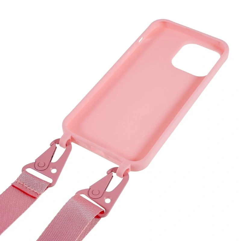 Kryt na iPhone 16 Pro gumový se šňůrkou na krk růžový