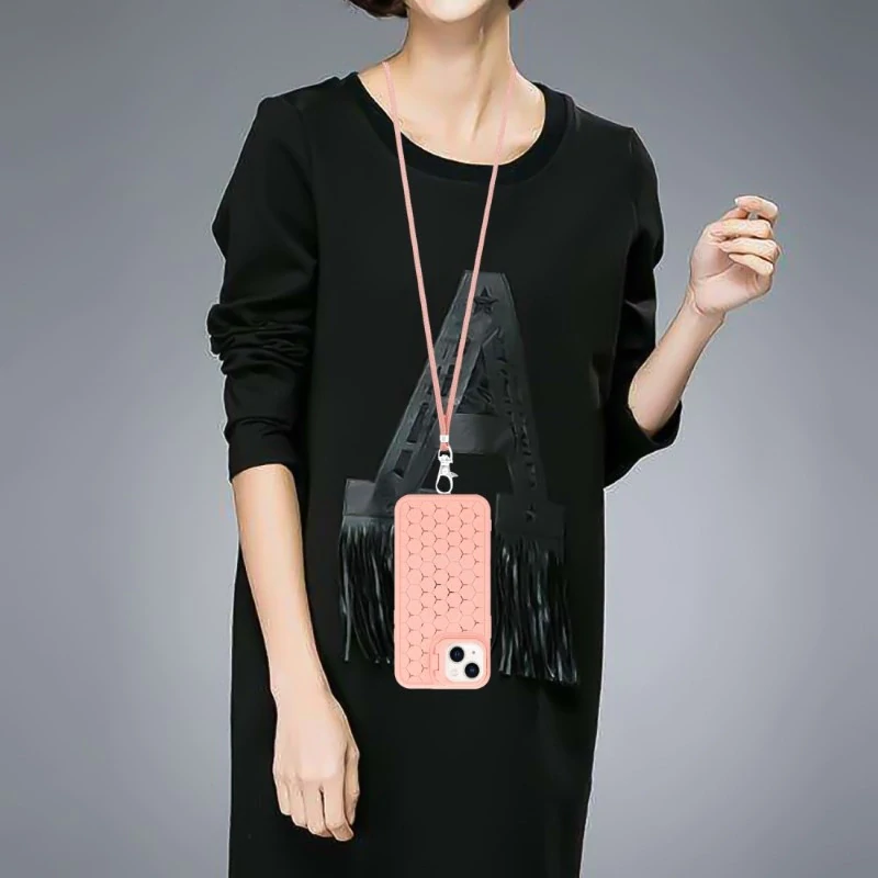 Kryt na iPhone 15 Honeycomb s podporou MagSafe a šňůrkou na krk růžový