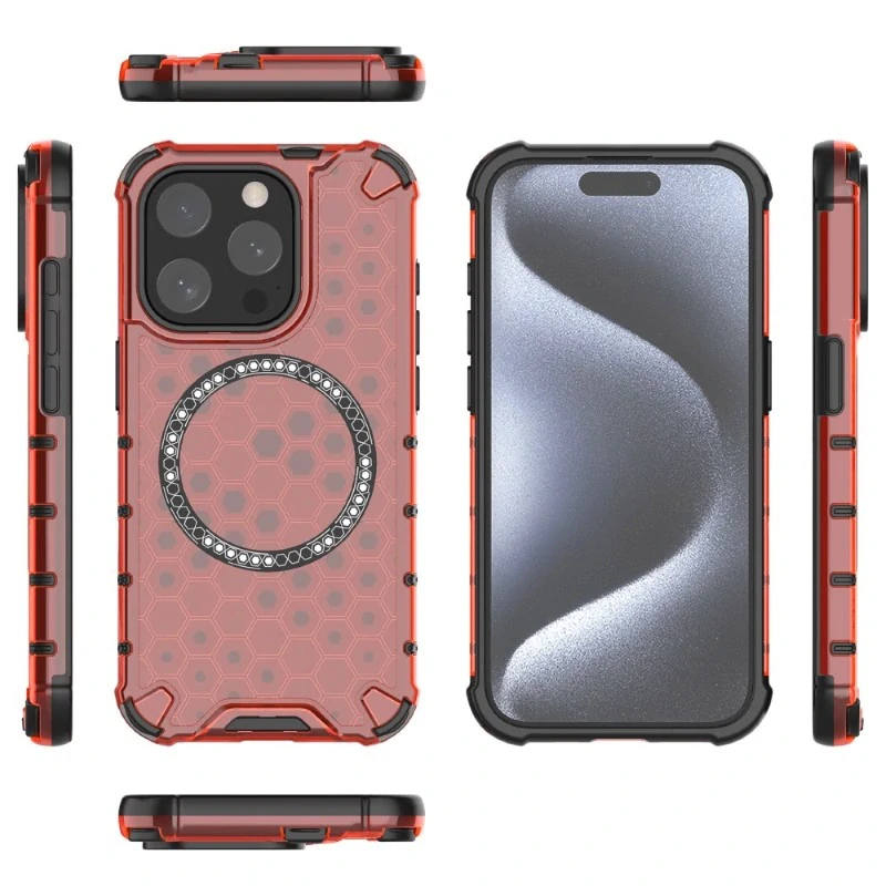 Kryt na iPhone 15 Pro odolný Honeycomb s podporou Magsafe červený