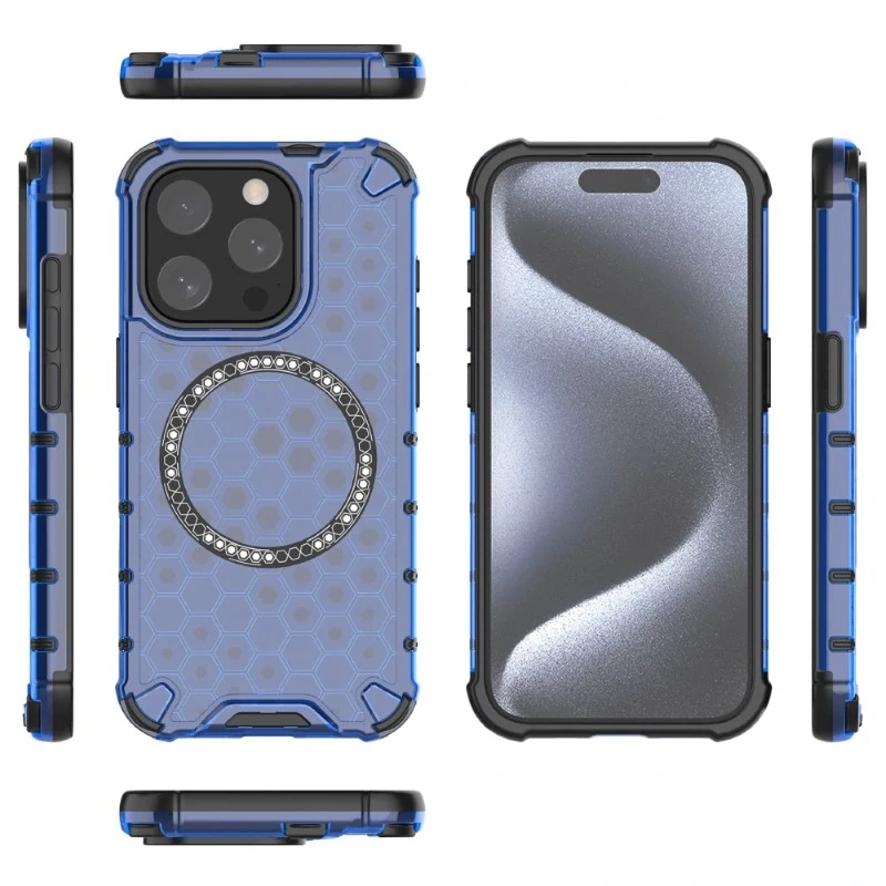 Kryt na iPhone 15 Pro odolný Honeycomb s podporou Magsafe modrý