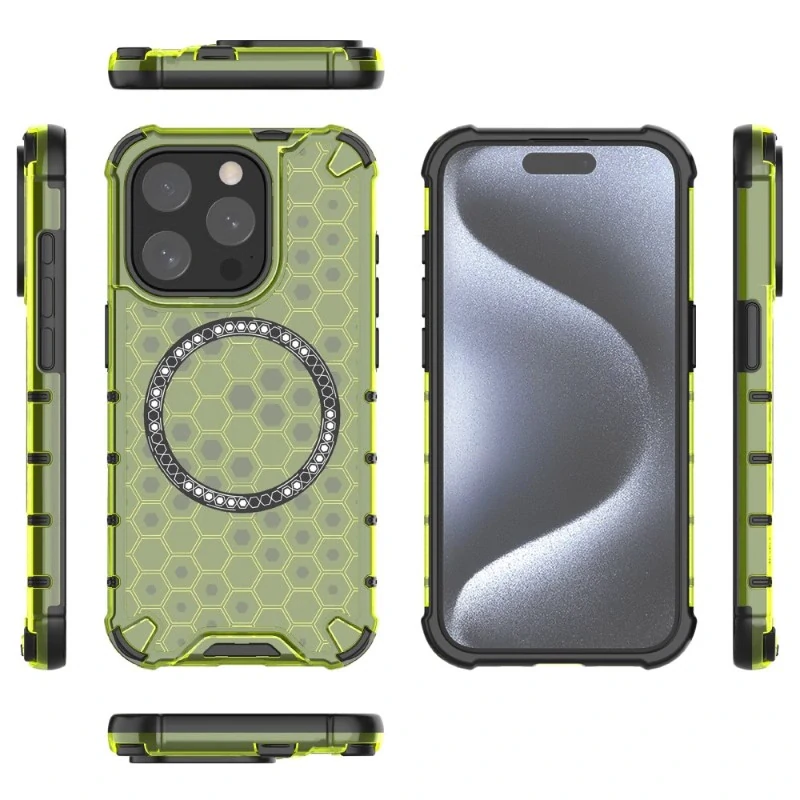 Kryt na iPhone 15 Pro odolný Honeycomb s podporou Magsafe zelený