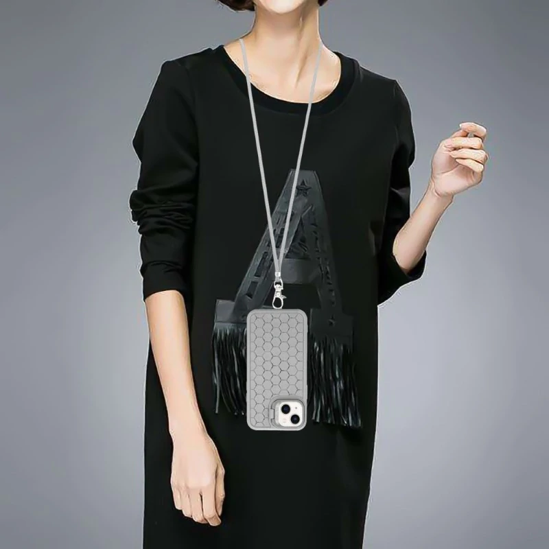 Kryt na iPhone 13 Honeycomb s podporou MagSafe a šňůrkou na krk šedý