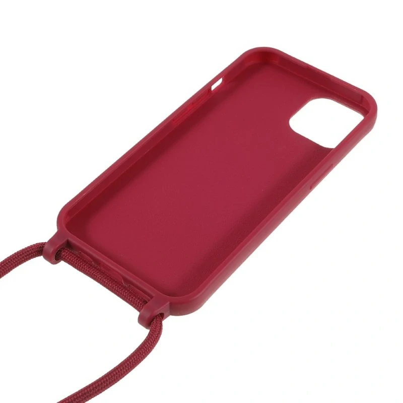 Kryt na iPhone 13 Mini gumový se šňůrkou na krk vínový