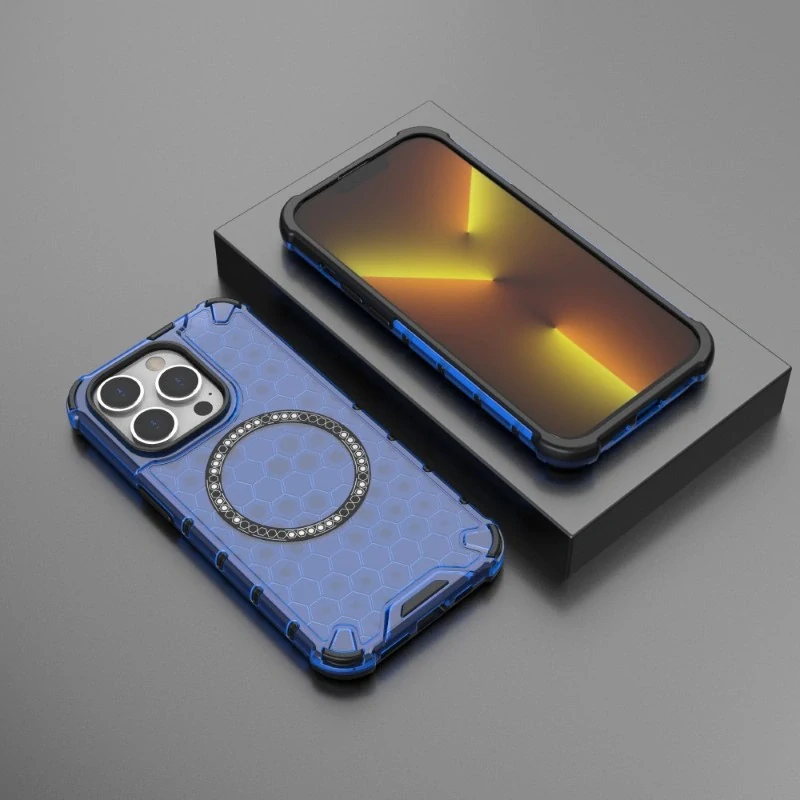 Kryt na iPhone 13 Pro odolný Honeycomb s podporou Magsafe modrý
