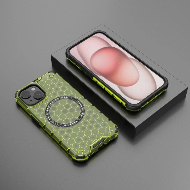 Kryt na iPhone 14 odolný Honeycomb s podporou Magsafe zelený