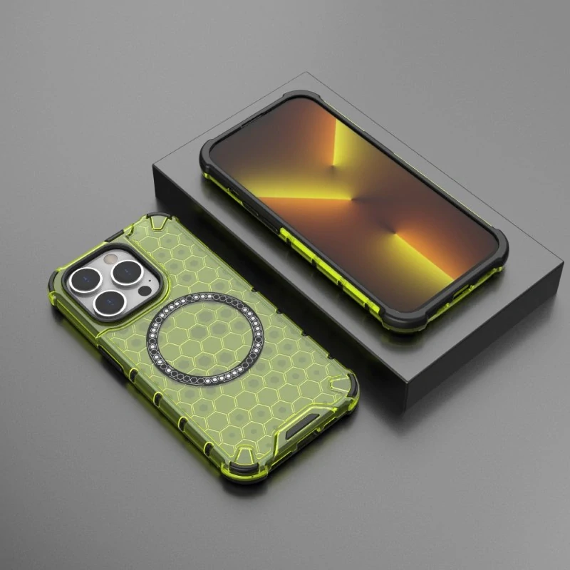 Kryt na iPhone 14 Pro odolný Honeycomb s podporou Magsafe zelený