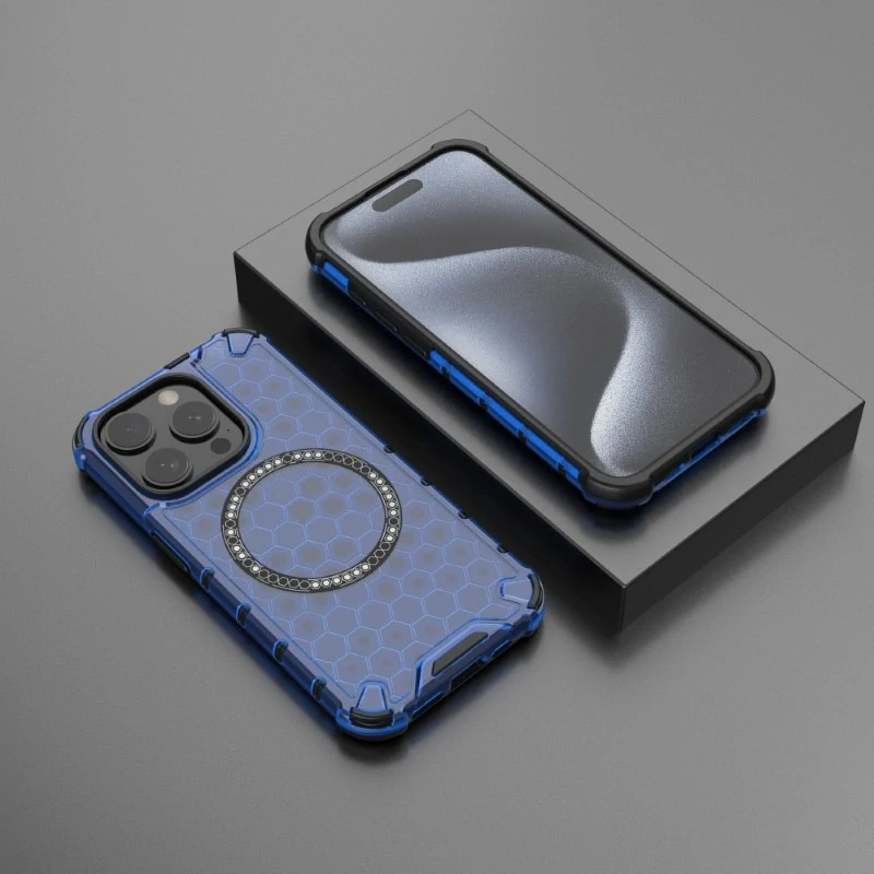 Kryt na iPhone 15 Pro Max odolný Honeycomb s podporou Magsafe modrý
