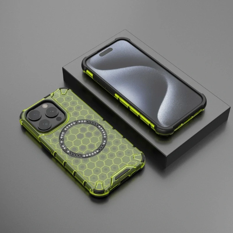 Kryt na iPhone 15 Pro Max odolný Honeycomb s podporou Magsafe zelený