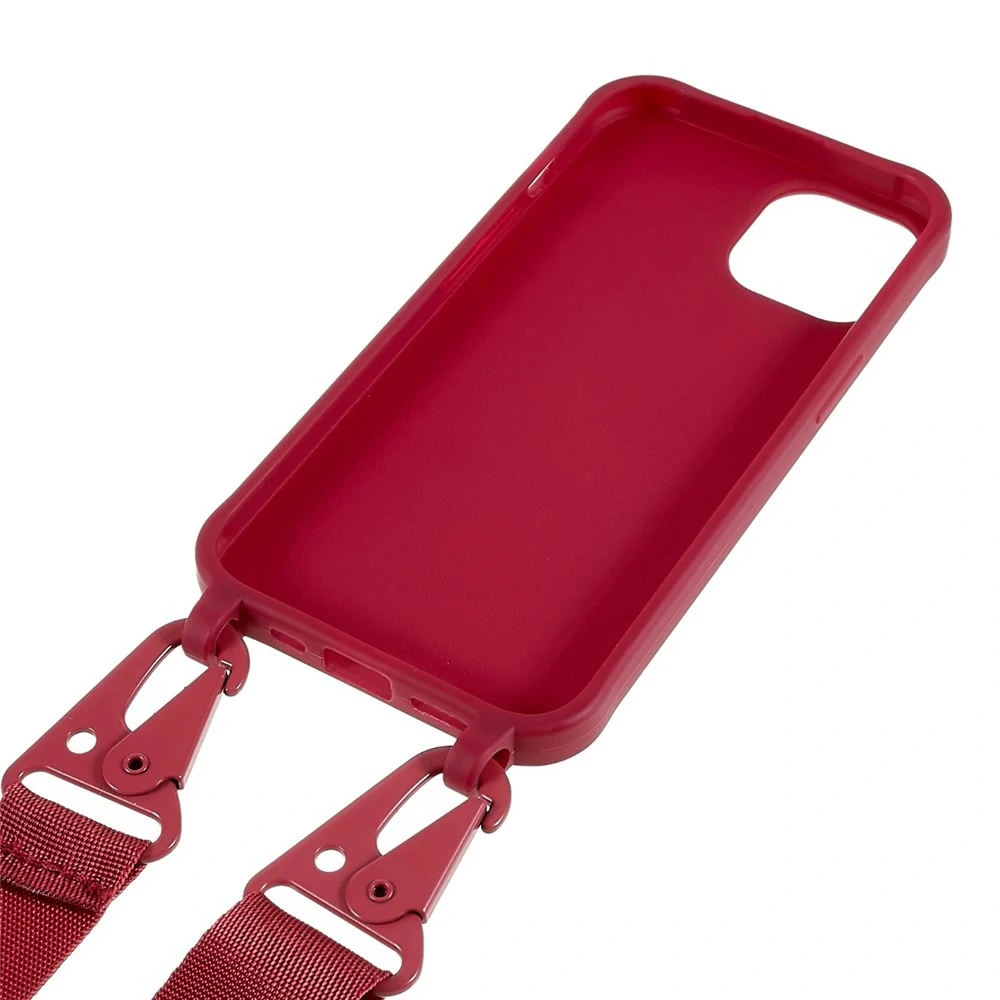 Kryt na iPhone 14 Wide gumový se šňůrkou na krk vínový
