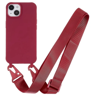 Kryt na iPhone 14 Wide gumový se šňůrkou na krk vínový