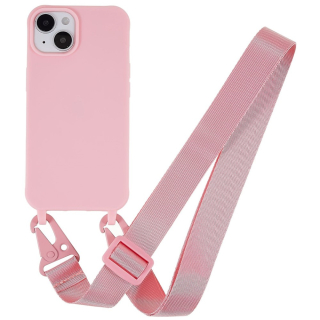Kryt na iPhone 14 Wide gumový se šňůrkou na krk růžový
