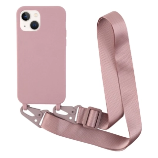 Kryt na iPhone 13 Pro Wide gumový se šňůrkou na krk starorůžový